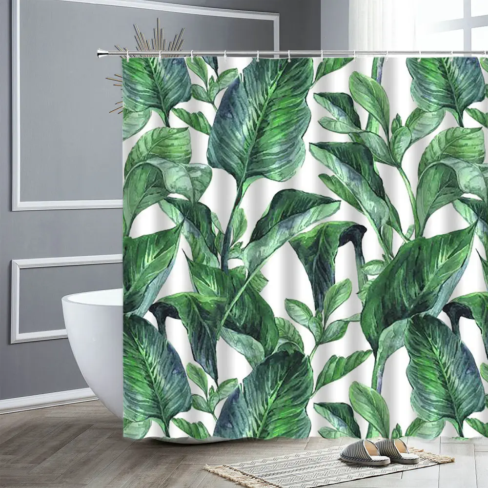 

Занавески для душа с зелеными тропическими растениями, водонепроницаемые шторы из полиэстера с принтом листьев для ванной комнаты, домашний декор, экран для ванной
