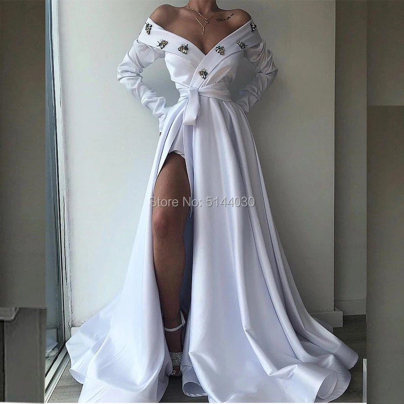 

Off the Shoulder White Evening Dresses 2019 Sexy Deep V Neck High Slit Long Sleeves Satin Prom Party Dress Vestido Longo Festa