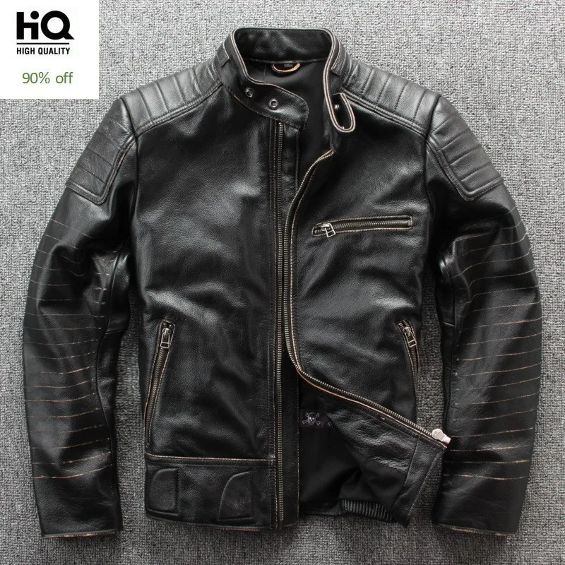 

2020 Fashion Natural Leather Jacket Mens Slim Fit Genuine Leather Pockets Zippers Motor Biker Outwear Cow Leather Overcoats