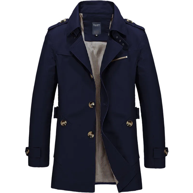 Осенний Тренч мужской хлопковый Тренч мужская верхняя одежда модное повседневное длинное пальто мужские длинные куртки Casaco плюс размер 5XL - Цвет: DarkBlue