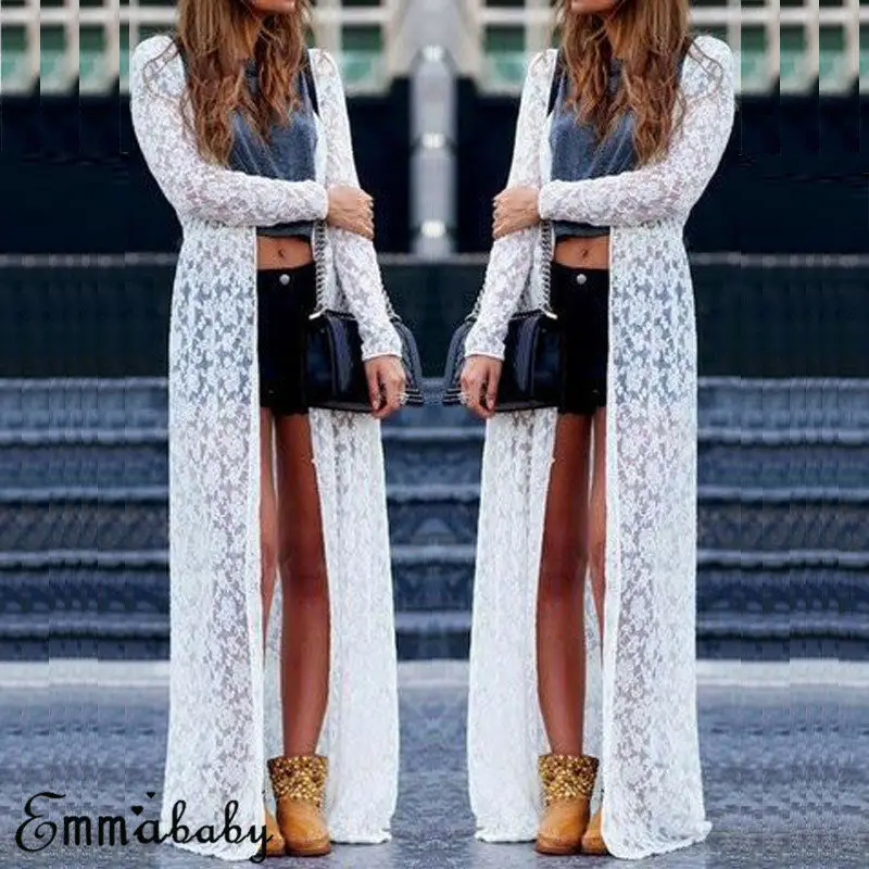 

New Loose Women Boho Lace Floral Sheer Maxi Dress Long Cardigan Beach Shirt Autumn Solid White lace Elegant Top