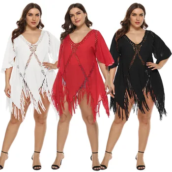 

Plus Size Women Beachwear Knitting Crochet Swimsuit Bikini Cover Up Ladies Sexy Irregular Tassels Short Swimwear Top Dresses