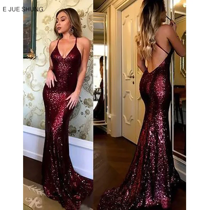 

E JUE SHUNG Burgundy Sequin sexy Mermaid Evening Dresses long 2020 Spaghetti Straps Backless Formal Dresses Evening Gowns