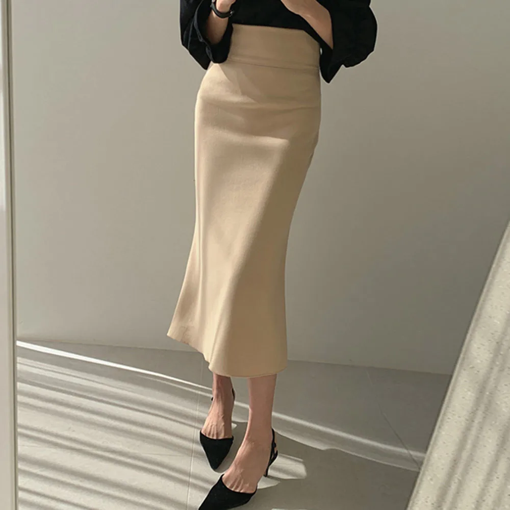 

Women Mermaid Skirt Korean Elegant Office Ladies Mid-Calf High Waist Vintage Wool Blends Solid Bodycon Skirt for Spring Autumn