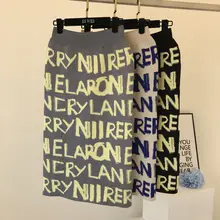 Корейская мода, эластичная талия, буквенный принт, тонкая трикотажная юбка, осень и зима, новые юбки средней длины