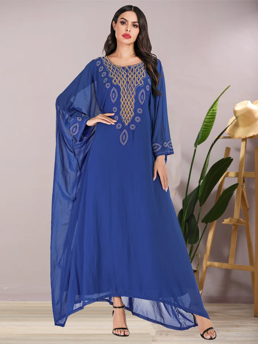 Blue Embroidery Cloak Sleeve Party Maxi Dress Muslim Abaya Dubai Evening Kaftan Ramadam Turkey Arabic Kimono Ropa Mujer La | Тематическая
