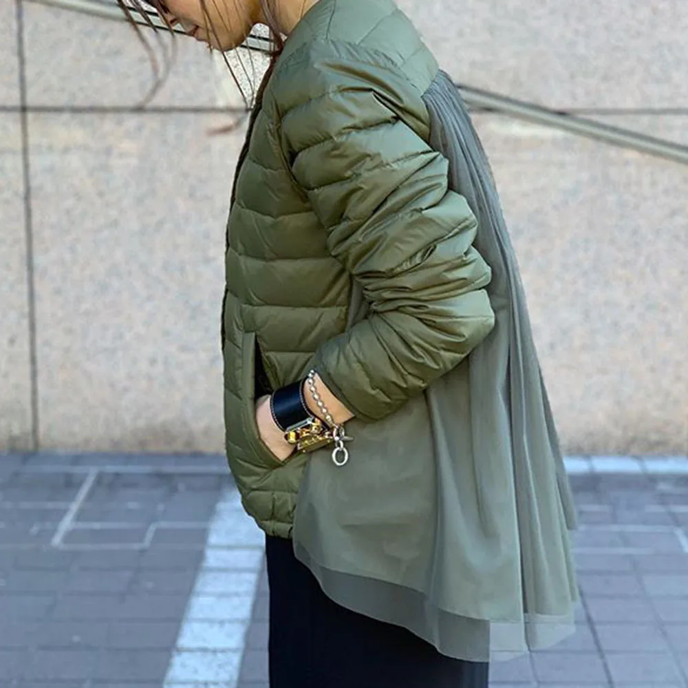

Cotton Padded Jacket Women Designer Fashion Army Green Korean OL Mesh Patchwork Slim Parkas Spring Winter Coat Outwear Overcoat
