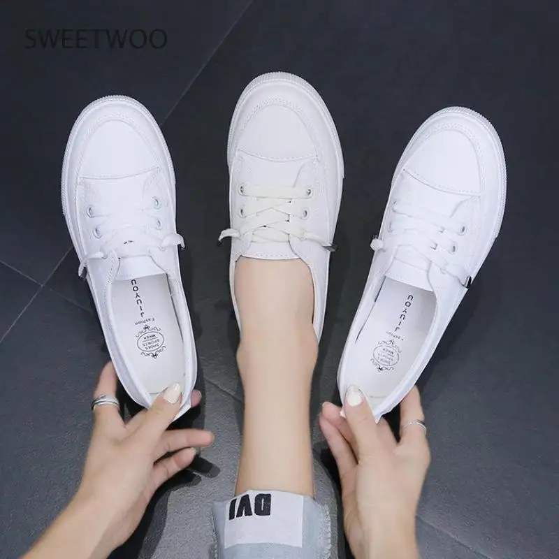 Low platform sneakers women shoes female pu leather Walking sneakers Loafers White flat slip on casual shoes