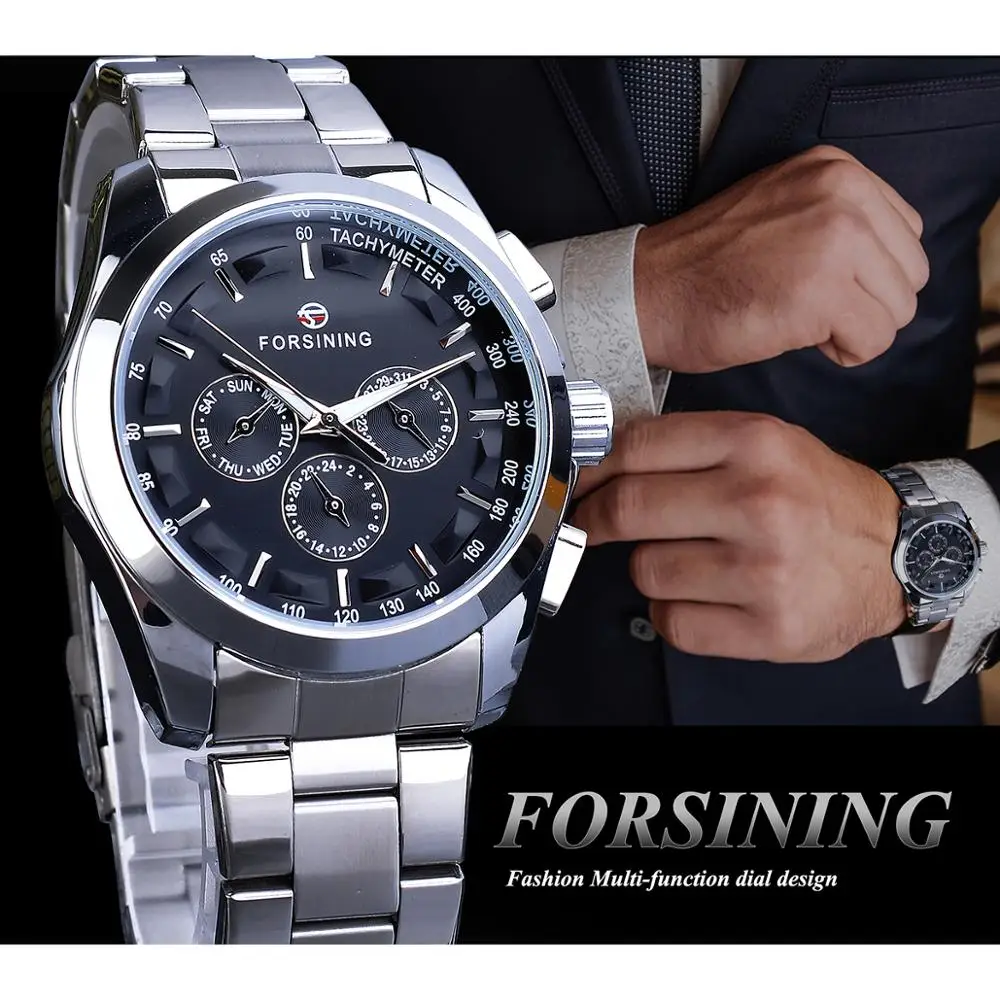 Forsining Business Style Automatic Watch mechanical watch business watch link For Men Black Dial Mechanical With Calendar Luminou Pointers to Brazil