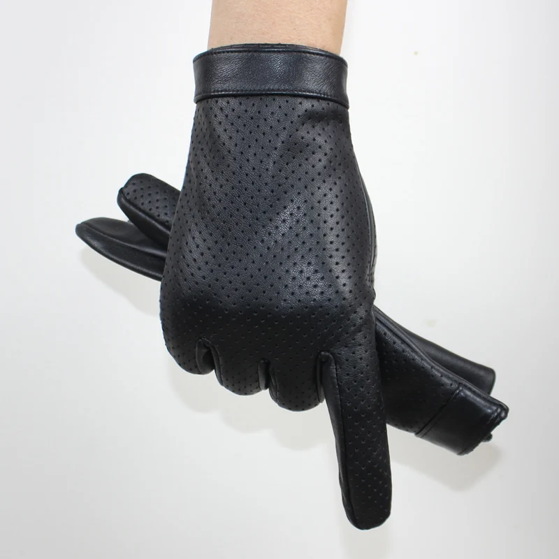 High-end new products fashion men's sheepskin gloves touch screen mesh breathable thin silk riding leather gloves autumn