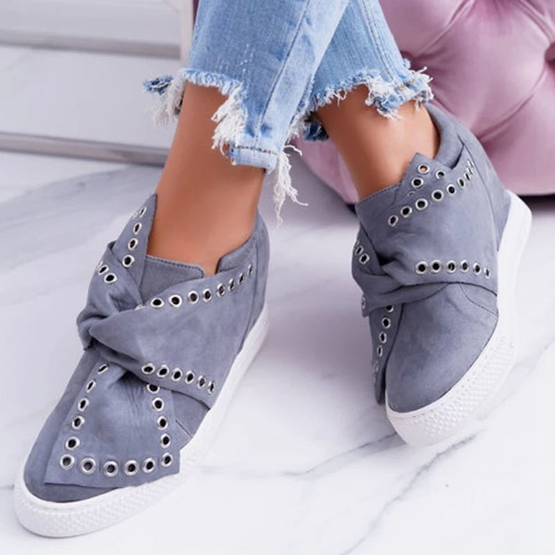 Casual Flat Plus Size Women Sneakers Ladies Suede Bow Tie Slip On Vulcanized Shoes Female Increase in Flats Footwear