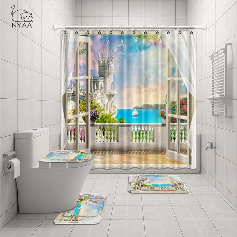 

NYAA 4 Pcs Italian City Rural View Shower Curtain Pedestal Rug Lid Toilet Cover Mat Bath Mat Set For Bathroom Decor