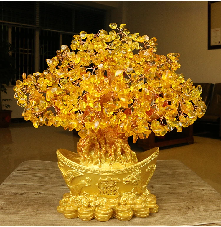 Extra large golden natural citrine lucky money tree cash cow business craft new home gift ingot tree decoration sculpture - Цвет: Gold