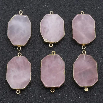 

5pcs Natural Stone Charms Pendant Double Hole Pink Quartz Crystal Stone Connector For DIY Wrap Bracelet Jewelry Accessories