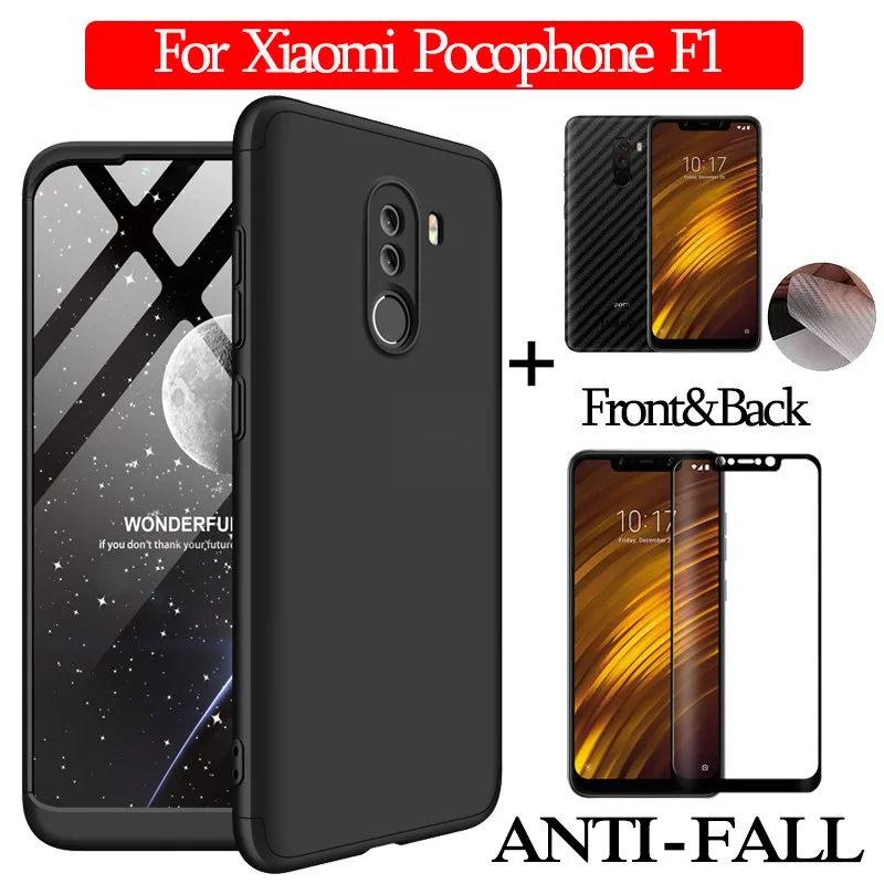 CaseFrontBackGlass1 3-в-1 cтекло+ 360 Защитный чехол на сяоми Покофон-Ф1 чехол Xiaomi Pocophone F1 полная защита чехол Poco-F1 Пластик жесткий чехол Покофон Ф1 задняя крышка чехол xiaomi poco f1 - Цвет: CaseFrontBackGlass1
