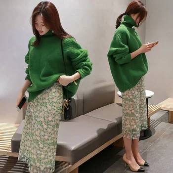 

Europe station spring fashion casual sweater two-piece female sweater skirt autumn and winter knitted suit green women