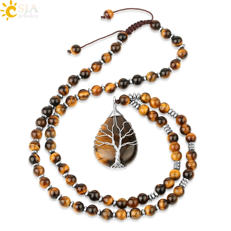 CSJA collares de ojo de tigre con cuentas de piedras naturales para hombre, de árbol de la vida, cuentas de Yoga Mala, 7 Chakras, Reiki, joyería femenina S469|Colgantes| AliExpress