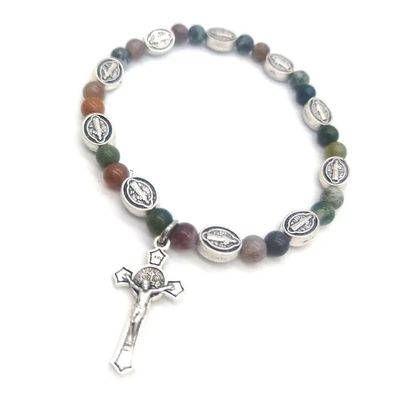 

Natural Stone Agate Statue Cross Beads Hand String Strand Bracelet Church Gift