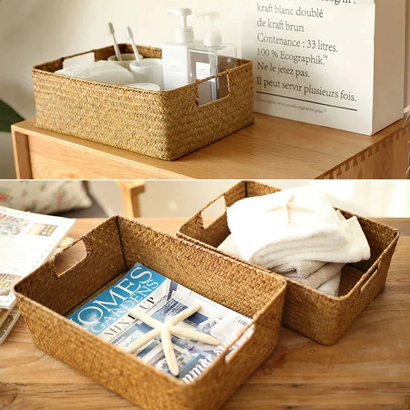 Natural Large Woven Basket Straw Rattan Storage Basket Wicker Woven Rattan Sundries Organizer Makeup Desktop Weave Box 5