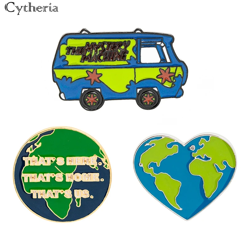 Wanderlust Global World Map Enamel Pin Blue Green Tour Bus Heart Earth Travel Adventure Theme Collar Pins Outdoor Badges | Украшения и