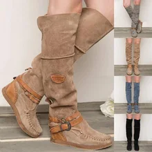 Прогулочная обувь; женские сапоги до колена; тонкие ботинки в стиле ретро на плоской подошве без застежки с пряжкой; женская зимняя теплая однотонная обувь; женская модная Уличная обувь