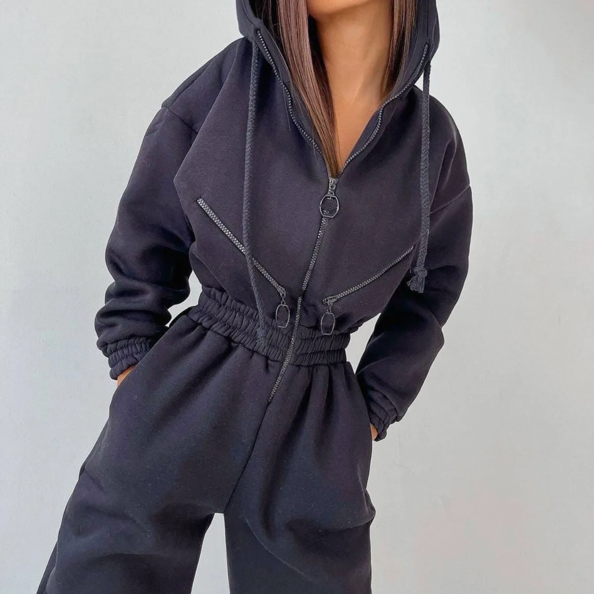 jogging suits women Casual Women Basic Hoodie Two Piece Sets Zipper Drawstring Jacket Outerwear And Elastic Pencil Pant Suit Fall Winter Tracksuit dressy pant suits to wear to a wedding