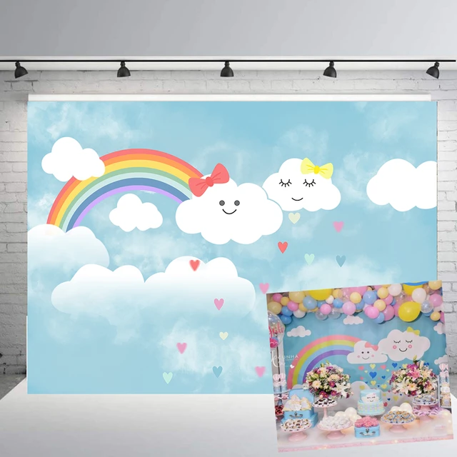 Bañera Fuera de plazo En realidad Fondo de nubes de arcoíris de dibujos animados para niñas, decoración de  fiesta de Baby Shower, fondo de fotografía para niños, retratos de  cumpleaños, papel tapiz para habitación, cabina _ - AliExpress