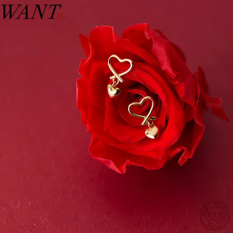 Wantme Nuovo Arrivo Moda Golden Hollow Heart Love Studs Orecchini Per Le Donne Real 100% 925 Gioielli Da Sposa In Argento Sterling 2020