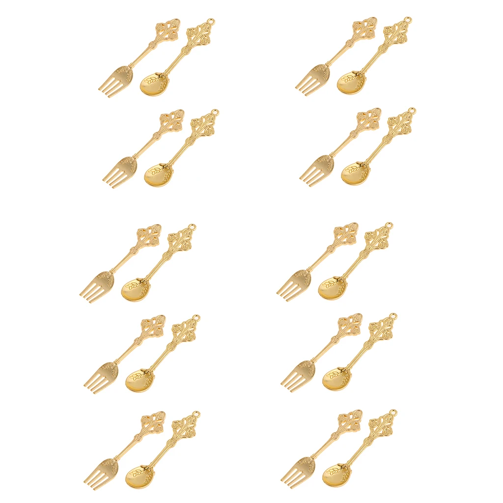 10 Pairs Mini Golden Spoon Fork Kit Tableware for 1/12 Dolls House Pretend Play Kitchen Dining Room Furniture Kitchen Toys