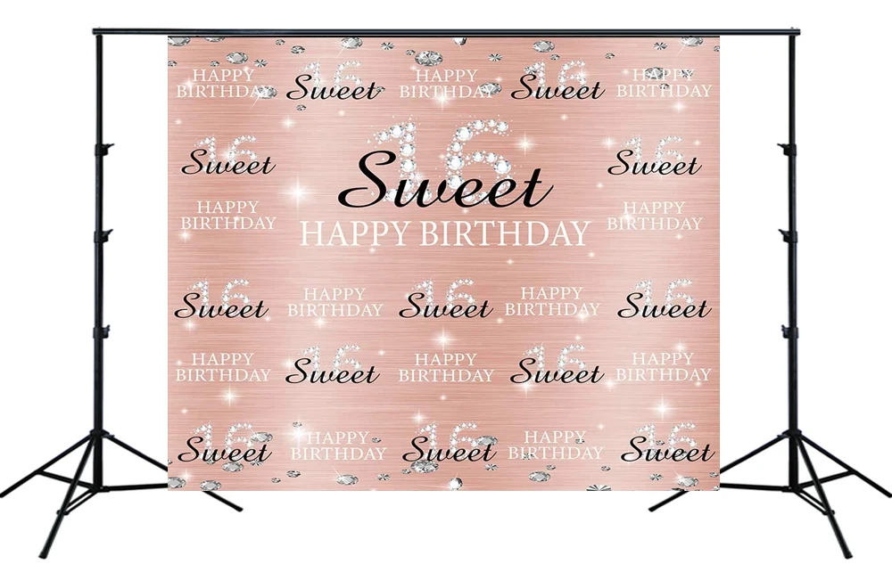 

Rose Gold Pink Sweet 16 Birthday Party Backdrop Girl Diamonds Glitter Sixteen Years Old Age Decor Banner Photo background SM-277