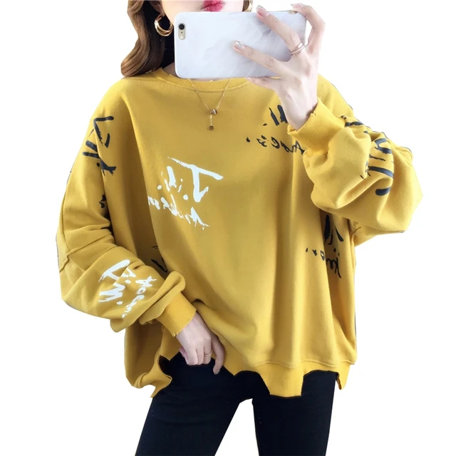 $US $73.71 Women Long Sleeve Round Neck Sweatshirt Solid Color Irregular Hem Printed Tops