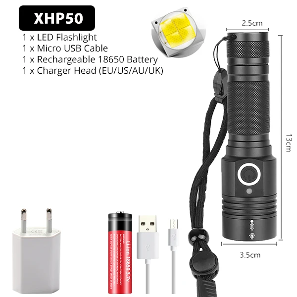 Яркий светодиодный фонарь XHP50, тактический фонарь, USB Перезаряжаемый, Linterna, водонепроницаемая лампа, яркий фонарь, с батареей 18650 - Испускаемый цвет: Package C