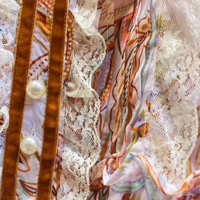 High Quality New Runway Style Dress 2020 Autumn Party Ladies Lace Deco Long Sleeve Khaki Floral Print Dress Casual Club Wear