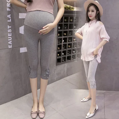 

2019 Summer Wear Pregnant Women Pants Stretch Cotton Beads Lace Flower Capri Pants Maternity Pants Leggings for Pregnant Woman
