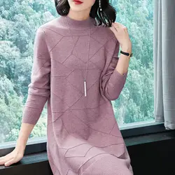 2018 весеннее и осеннее трикотажное платье средней длины до колена, свободная приталенная юбка трапециевидной формы в Корейском стиле с