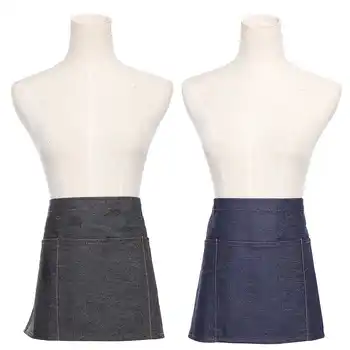 

60x29cm Cotton Denim Half Length Short Aprons Adjustable Waiter Chef Aprons Pockets Kitchen Home Cleaning Tools Unisex