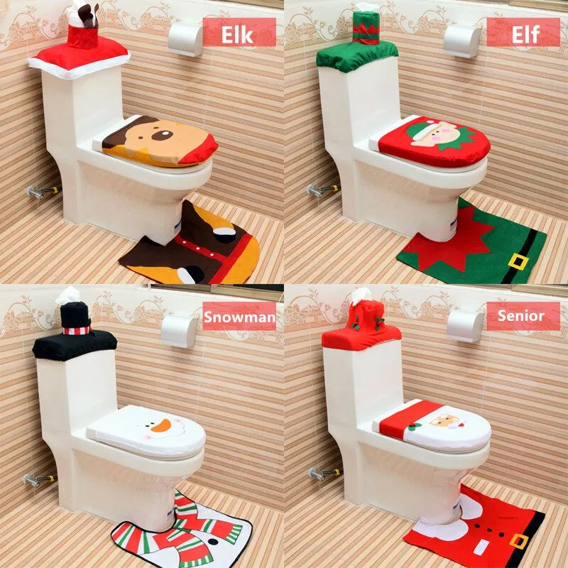 3pcs Set Christmas Elf Toilet Seat Cover Mat Rug Set Xmas Home Decoration Decor Hot Sale