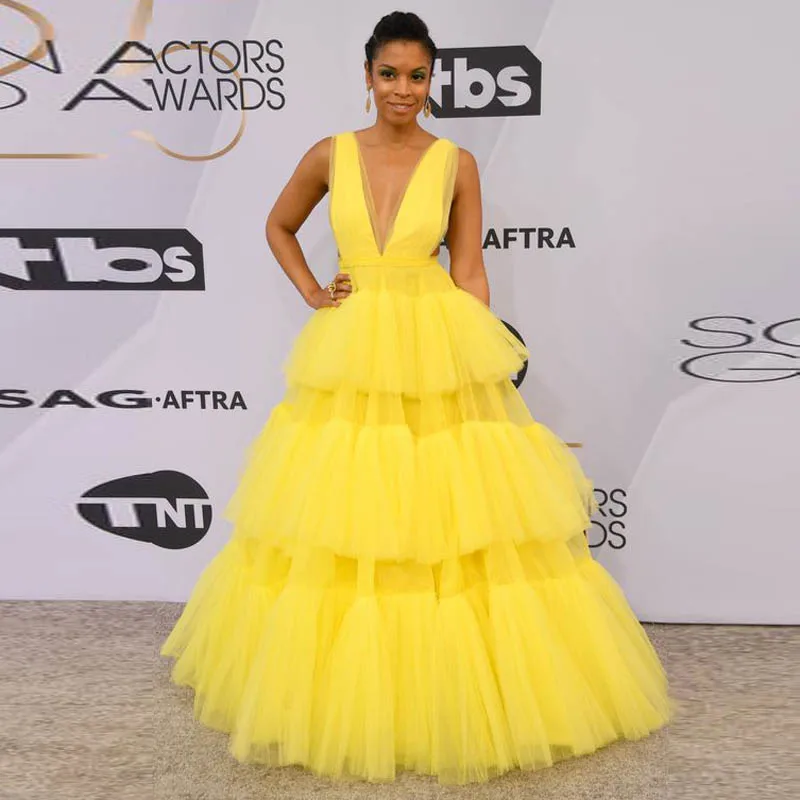Bright Yellow Tulle Long Evening Gown 