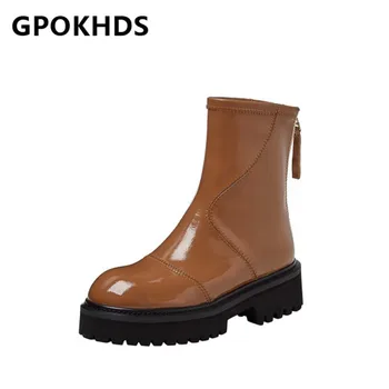 

GPOKHDS 2021 women Ankle boots Patent Leather Winter short plush Round Toe Platform High heels female Riding boots size 39