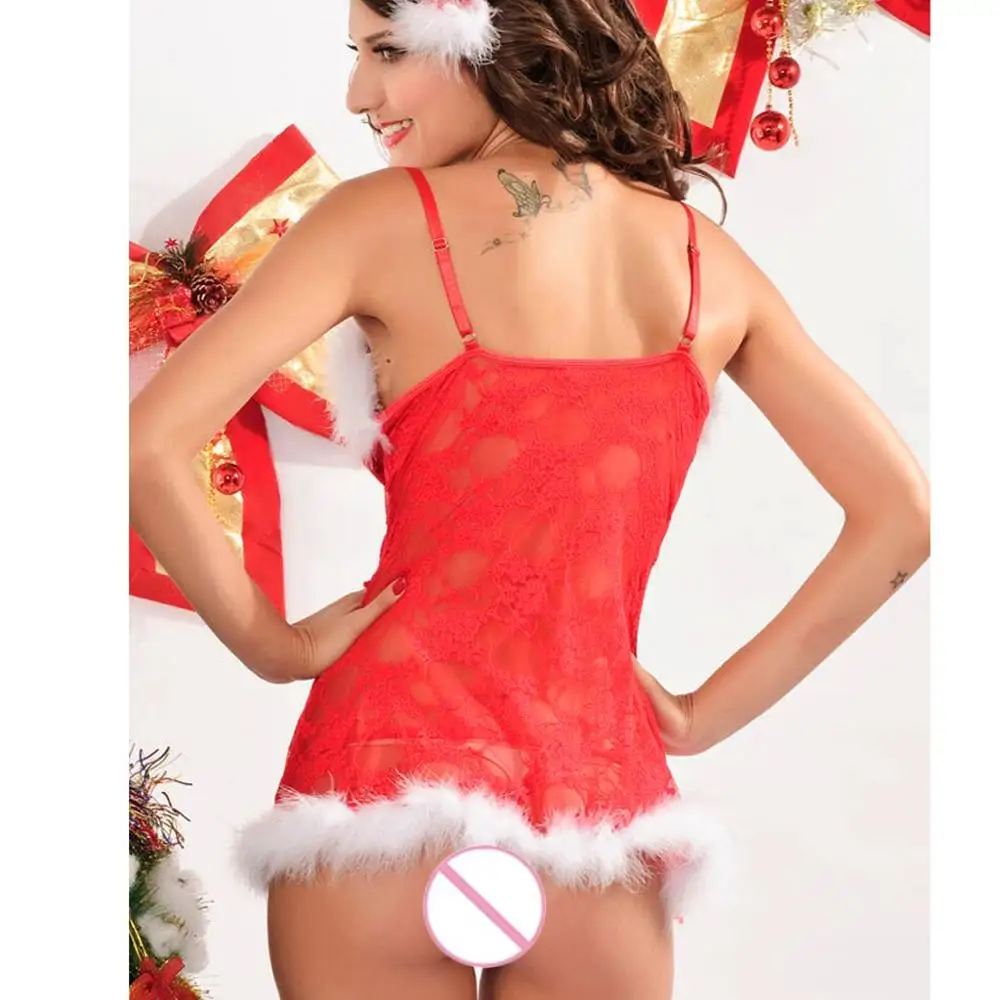 Женское сексуальное рождественское праздничное красное нижнее белье, набор стрингов, ночная рубашка, нижнее белье, кружевное белье, ночная рубашка