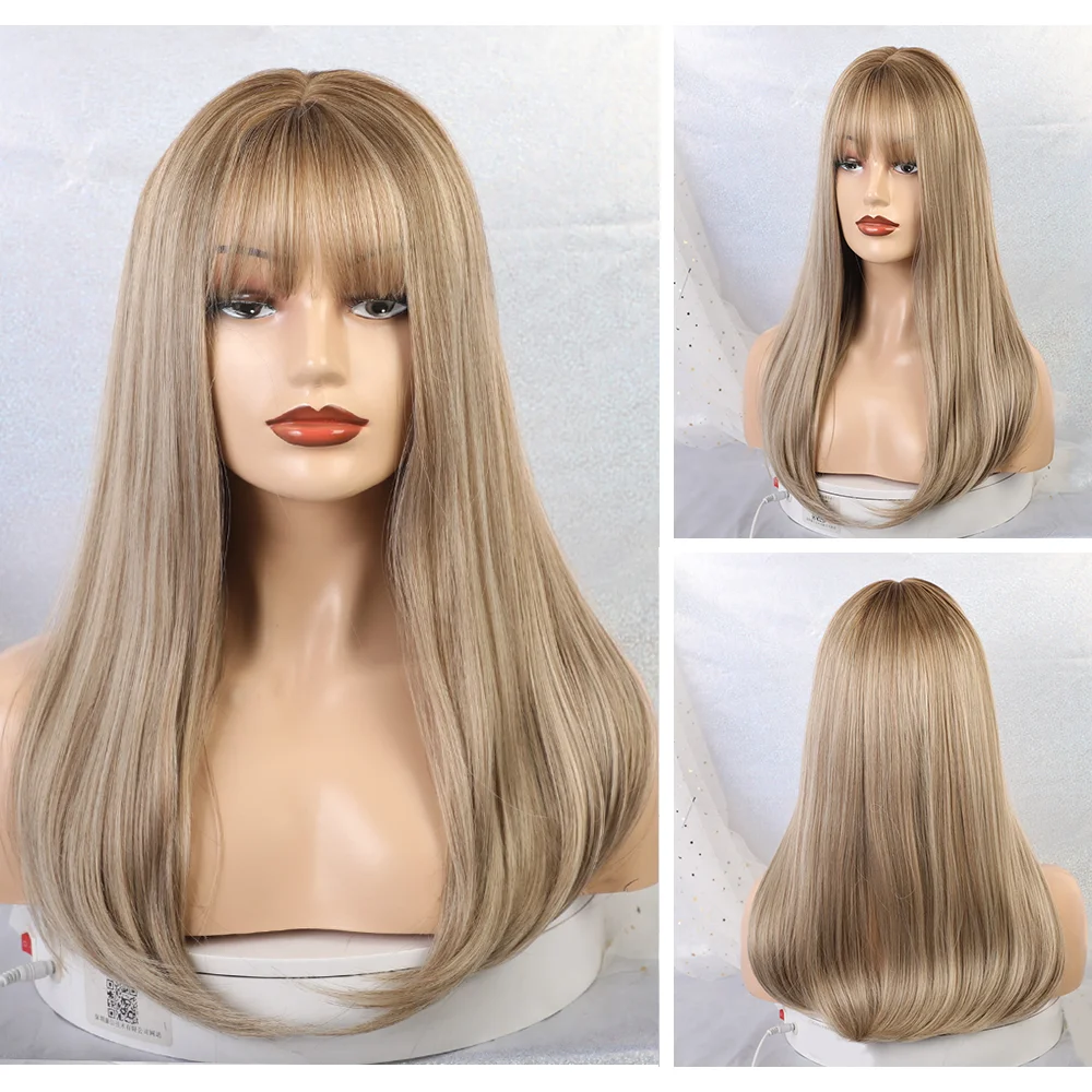 Online Pelucas sintéticas onduladas largas con flequillo para mujeres pelucas Cosplay afro americanas mixtas pelucas de fibra Natural marrón Natural resistente al calor