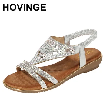 

HOVINGEFashion Women Shoes 2020 Low Sandals Woman Leather Straps Heels Slip-on Moccasins Summer Women Big Size All-Match Suit