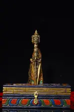 

11" Tibet Buddhism Temple Old Bronze Three-sided Mahakala Head Skull Dorje Vajra Phurba Dagger Holder Painted Bodhi Root Box