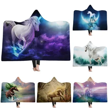 

3d Print Cartoon Unicorn Animal Hooded Blanket,Thick Double Layer Plush Blanket for Couch,Tv Throw Blanket,Magic Hat Blanket,