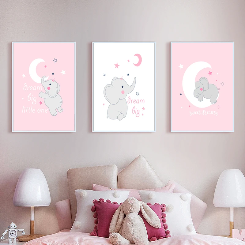 Pink Elephant Moon Canvas Nursery Poster Wall Art Print Baby Kids Bedroom Decor 