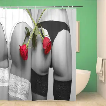 

Bathroom Shower Curtain Sexy Women Asses Crossed Red Roses Black and White Polyester Fabric Waterproof Bath Curtain Set with