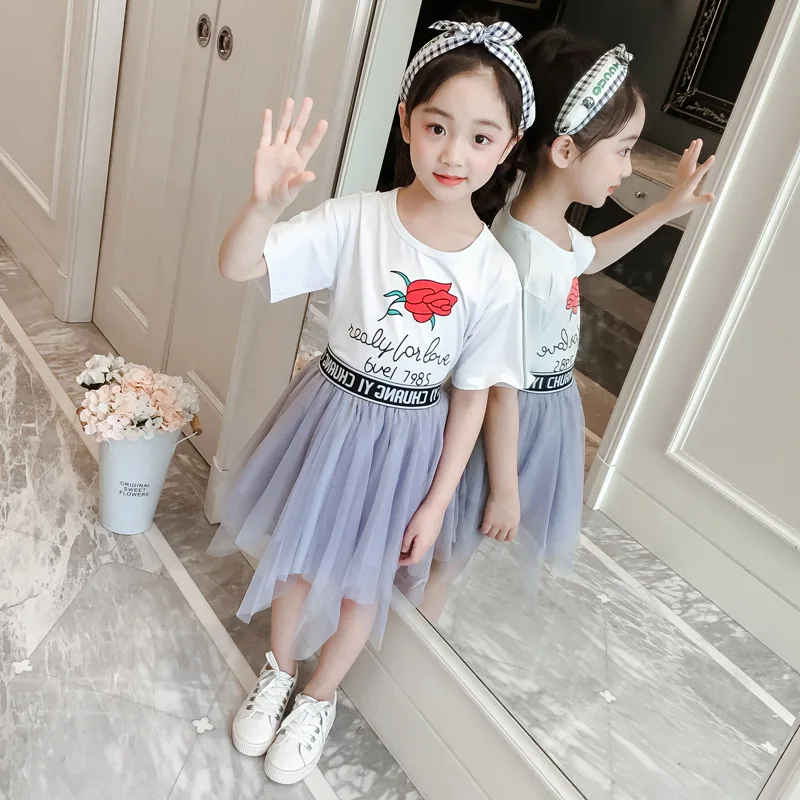 

2020 Summer New Style CHILDREN'S Suit Girls Korean-style Flower Mesh Dress Set Big Boy Short Sleeve Mesh Dress Two-Piece Set