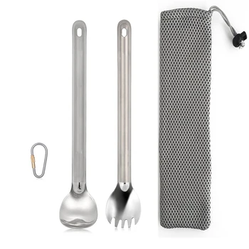 

2Pcs Home Outdoor Titanium Long Handled Spoon Spork Ultralight Camping Polished Tableware Flatware Set