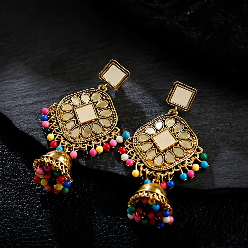 OIQUEI, модные, цветные, бусины, кисточка, индийская Jhumka, ювелирное изделие, серьги для женщин, девушек, золото, металл, квадратное зеркало, серьги в форме капли воды