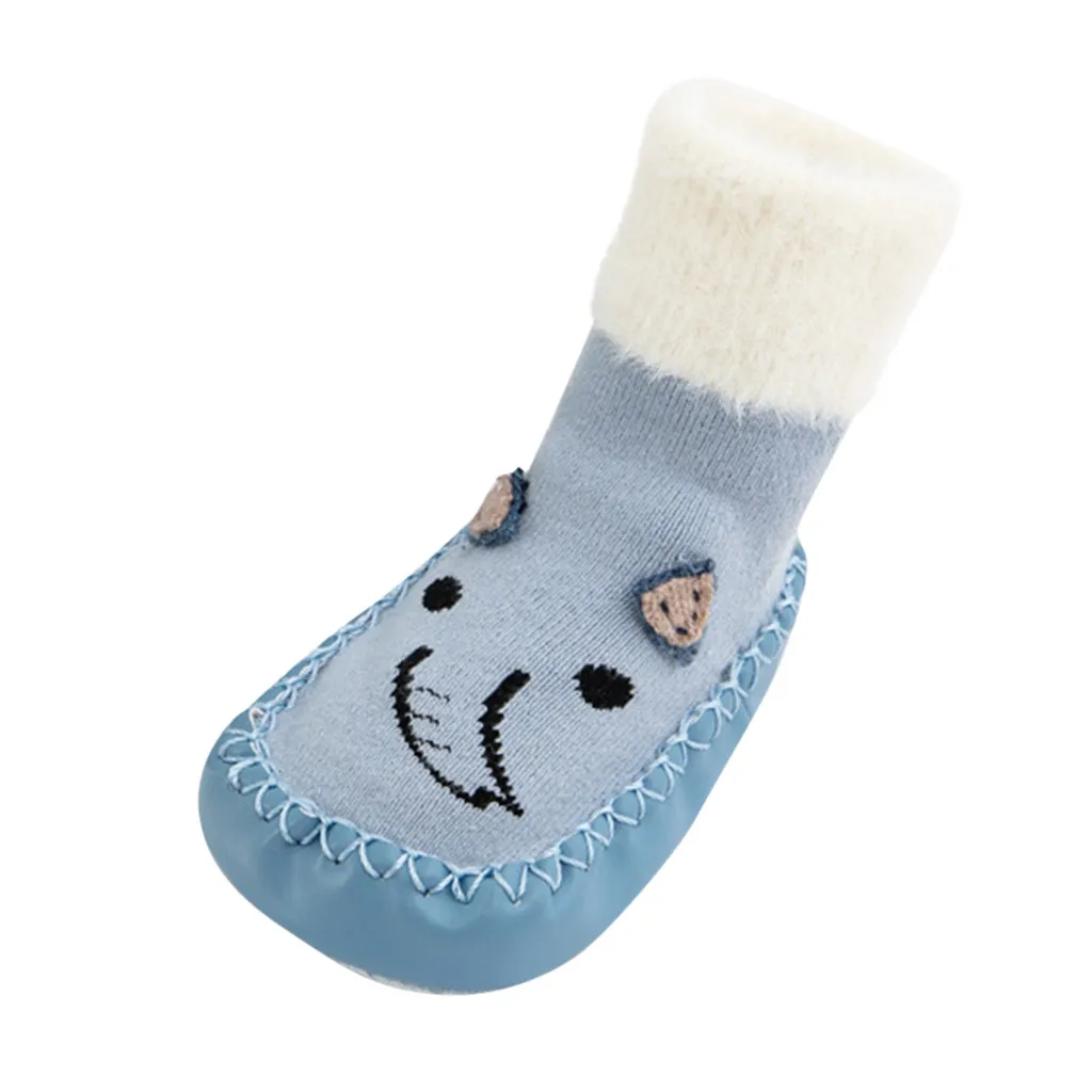 Детские носки для малышей зимние милые теплые носки-тапочки с рисунком для новорожденных мальчиков и девочек Нескользящие носки для малышей носки для детей - Цвет: Light Blue